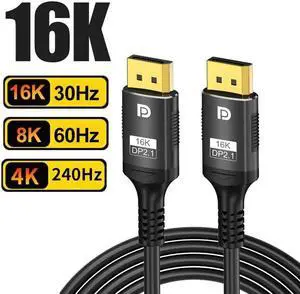 DisplayPort 2.1 Cable 6.6FT, 16K DP 2.1 Cable Supports 16K@30Hz, 8K@60/120Hz, 4K@240Hz/165Hz, 2K@360Hz, 80Gbps, HDR, HDCP2.2, 3D, ARC for TV, Gaming Monitor