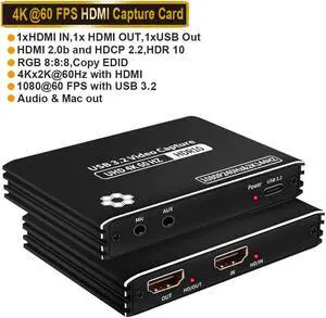 4K 60Hz Audio Video Capture Card,HD Video Capture,HDMI USB 3.2 USB-C Video Grabber Device, Full HD 4K 60FPS 2K 144FPS Compatible with Nintendo Switch/PS4/PS5/Xbox One (Black)