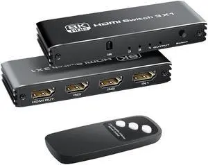 3 Ports 8K HDMI 2.1 Switch 3 in 1 Out 8K@60Hz 4K@120Hz HDMI Switcher Selector with Remote Support Auto-Switching 48Gbps HDR 10+ Dolby Vision/Atmos HDCP 2.3 CEC