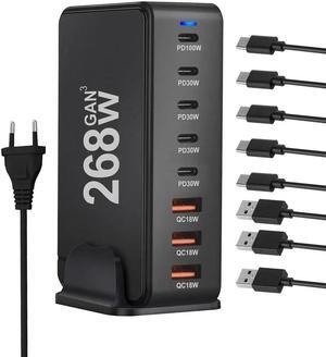 ESTONE 8 Port USB C Charger 268W QC4.0 PD 3.0 GaN Charger Type C Adapter with Fast Desk Charger Compatible for iPhone 15 14 Pro Max/14 Plus/13, MacBook Pro, iPad Pro, Switch, Galaxy S22/S21