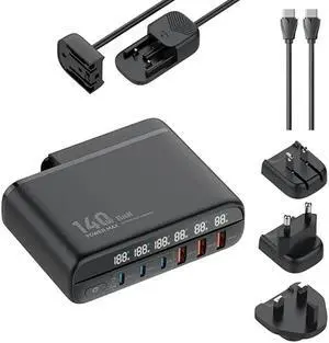 ESTONE 140W GaN USB C Quick Charge QC3.0 PD 3.0 TypeC 6 Port Supercharge Plug For iPad iPhone Samsung Xiaomi Universal Fast Charger - Black
