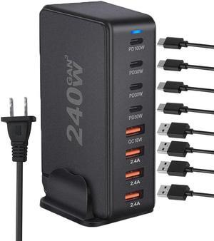 ESTONE 8 Port USB C Charger, 240W GaN, iPad Charging Station Hub, QC3.0 Fast Compact for MacBook Pro/Air, iPad Pro, Galaxy S23, Dell XPS 13, Note 20/10+, iPhone 15/14/Pro