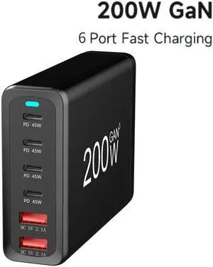 ESTONE 200W 6-Port USB-C PD3.0 QC3.0 Laptop Charger Power Charging Station Hub Compatible with MacBook Pro/Air, iPad Pro, iPhone 14 Pro, Galaxy Tab S8, S23, Dell XPS 13- Black