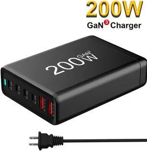 ESTONE 6-Port USB Type C Charger, 200W Fast Desk Charger, QC3.0 PD3.0 Type C Charging Block Travel GaN Charger Adapter for iPhone Pro, Samsung, MacBook Pro/Air, iPad, Laptops, Dell XPS