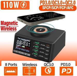 110W Magnetic Charging Station, QC3.0 PD45W Wireless Fast Charging Dock with Digital Display, 8 Ports Multiple Devices Charging Hub for Mobile Phones Tablets