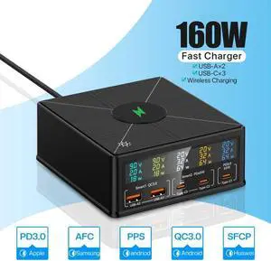 ESTONE GAN Charging Station, 160W 5-Port USB Fast Charger with QC 3.0 & PD3.0,15W Wireless Compatible with Apple & Other Brand Cell Phones