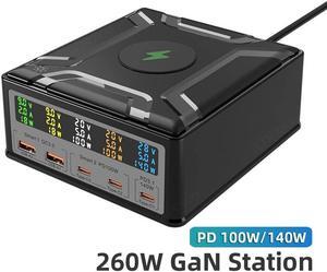 ESTONE 6-in-1 GaN USB C Charging Station(260W Max), 15W Wireless Magnetic Fast Desk Charger Adapter, 2 USB-A, 3 USB-C, LCD Display Charging for Mobile Phones, Tablets, Home Office
