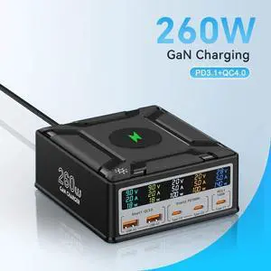 ESTONE 260W GaN Charging Station for Multiple Devices, 260W 5 Port USB Fast Charging Station with Wireless Fast Charging, Compatible with iPhone, iPad, Tablets and Cell Phone