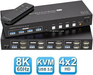 ESTONE 8K KVM Switch HDMI 2 Monitors 4 Computers Support 8K@60Hz 4K@120Hz KVM Switcher PC Display Share 2 Monitors and 4 USB 3.0 Support Copy and Extend Mode