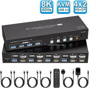 ESTONE 8K@60Hz HDMI+DisplayPort Dual Monitor kvm Switch 2 Monitors 4 Computers 4K@120Hz USB 3.0 Extended Display KVM switcher with 4 USB3.0 Ports Wired Controller