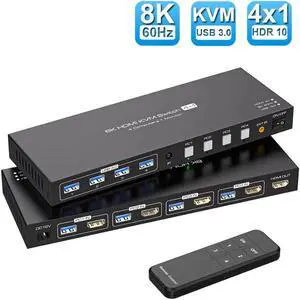 ESTONE 8K HDMI KVM Switch HDMI for 4 Computers Share 1 Monitor USB 3.0 Switches PC Support 8K@60Hz 4K@144Hz 4 USB Devices Such as Keyboard Mouse Printer with Desktop Wired Controller and 4 USB Cables