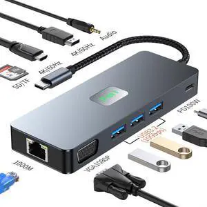 ESTONE USB C Docking Station Triple Monitor, 11 in 1 Triple Display USB C Hub with DP+HDMI+VGA, Gigabit Ethernet, 100W PD, 3 x 10Gbps USB3.2 Ports, SD/TF Card Reader Audio for Type-C Laptops