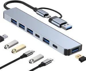 ESTONE 2-in-1 USB-A USB-C Hub 7 in 1 USB Hub Adapter Docking Station Dongle USB A Type-C Hub to Multi Port USB Speed 5Gbps PD Charging USB C Hub