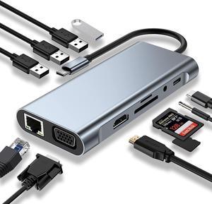 ESTONE USB-C Hub for Laptop 11 in 1 USB C Dongle 4K HDMI, VGA, RJ45, 4*USB-A Port, TF/SD Card Reader,100W PD,3.5mm Aux Ports, for MacBook Pro/Air, iPad Pro, XPS, Thinkpad