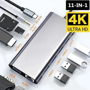 ESTONE USB-C Hub 11 in 1 USB Hub Adapter Docking Station Dongle Type-C Hub to Multi Port USB Speed 5Gbps TF/SD Card Reader ,4K HDMI, VGA, 1000M RJ45, USB C, 100W PD, 3.5mm Aux Ports, USB C Hub
