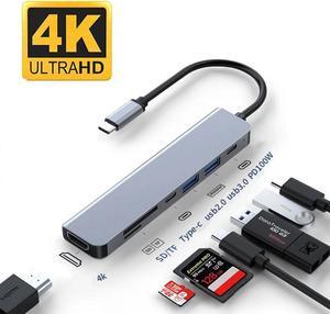 ESTONE USB C to HDMI Adapter, 7-in-1 USB C Docking Station Dual Monitors for Windows, USB C Adapter with 4K HDMI, USB 3.0, USB 2.0, 100W PD, USB-C Data,SD/TF for Laptops, Computers, MacBook Pro/Air