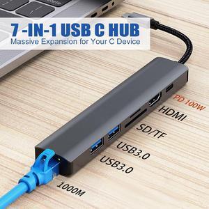 ESTONE 7-in-1 USB C Type-C to Gigabit Ethernet Adapter, 2-Port USB 3.0 HDMI USB-C Hub with Rj45 Compatible with MacBook Pro/Air 2023, iPad Pro, iMac, S23, XPS 17, Surface Book 3 and More