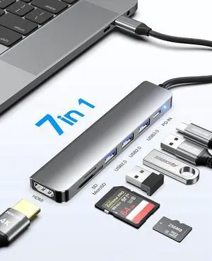 ESTONE USB C Hub, 7-in-1 USB C to HDMI Adapter with 4K HDMI, 100W PD, 1*USB 3.0, 2*USB 2.0 and SD/TF Card Reader, Multiport Splitter Compatible with MacBook Air/Pro M1/M2, Surface Go and More