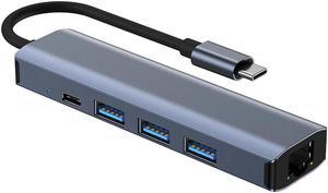 ESTONE USB to Ethernet Adapter Gigabit | 3-Port USB3.0 Hub | 100W PD Charging | HDMI 4K 30Hz Video Output,Aluminum 6-in-1 USB-C to LAN Network Converter for Surface Pro,Chromebook and Laptop