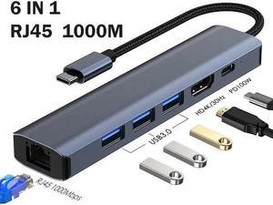 ESTONE USB-C Type-C to Ethernet Adapter, 6 in 1 USB C Hub with 3 USB 3.0 Ports/100W PD Charging/Gigabit Rj45/4K HDMI Video Output, Thunderbolt (3/4) to Network Adapter for MacBook Pro/Air, XPS, iPad