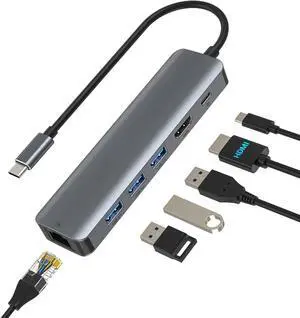 ESTONE 6 in 1 USB C to Ethernet HDMI Adapter, Aluminum USB Hub with USB-C to Rj45 Gigabit Ethernet LAN Network Adapter USB Multiport HUB for MacBook Pro/Air, iPad Pro