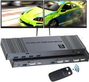 ESTONE 4K@120Hz HDMI and Displayport KVM Switch 2 Monitors 2 Computers DP 1.4 8K Display Port for 2 PC or Laptops Share Dual Monitor and 4 USB 3.0 Peripherals Support Extended and Duplicate Mode