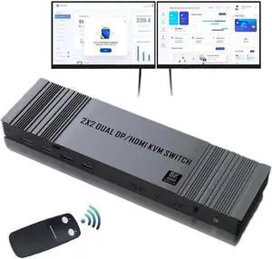 ESTONE 8K HDMI DP KVM Switch 2 Monitors 2 Computers, 4K@120Hz KVM Switches for 2 Computers Sharing 2 Monitor Keyboard Mouse Hard Drives Printer, with 2USB Cable and Controller
