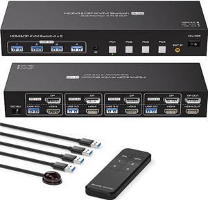 ESTONE 4K KVM Switch HDMI+DisplayPort 2 Monitors 4 Computers Support 4K@60Hz 2K@120Hz KVM Switcher PC Display Share 2 Monitors and 4 USB 3.0 Support Copy and Extend Mode
