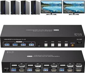 ESTONE HDMI+DisplayPort Dual Monitor KVM Switch 2 Monitors 4 Computers 4K@60Hz USB 3.0 KVM Switches for 4 PC or Laptops Share Dual Monitor and 1 Set of Keyboard Mouse Printer and Scanner