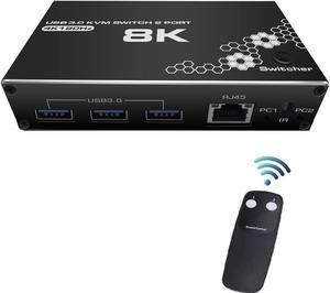 ESTONE 8K USB KVM Switch, 2 in 1 Out, UHD 4K@120Hz, 3 USB3.0 Hub, RJ45 Port, One Key Button Switch, Compatible with Most Keyboards and Mouse, 2 Computers Share 1 Monitor