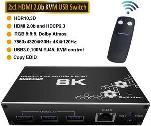 ESTONE 4K HDMI USB Switch 2 in 1 Out HDMI Switcher 3USB3.0 Port Support 8K 30Hz 4K 120Hz HDCP 2.3 Ultra HD 3D For 2PC Share 1 Monitor and 3 USB3.0 Port and RJ45 Port for Keyboard, Mouse, Printer
