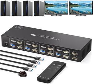 ESTONE 4K KVM Switch HDMI+HDMI 2 Monitors 4 Computers Support 4K@60Hz 2K@120Hz KVM Switcher PC Display Share 2 Monitors and 4 USB 3.0 Support Copy and Extend Mode