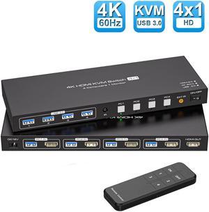 ESTONE 4K HDMI KVM Switch HDMI for 4 Computers Share 1 Monitor USB 3.0 Switches PC Support 4K@60Hz 2K@120Hz 4 USB Devices Such as Keyboard Mouse Printer with Desktop Wired Controller and 4 USB Cables