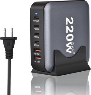 ESTONE 6-Port USB Type C Charger, 220W Fast Desk Charger, QC3.0 PD3.0 Type C Charging Block Travel GaN Charger Adapter for iPhone Pro, Samsung, MacBook Pro/Air, iPad, Laptops, XPS