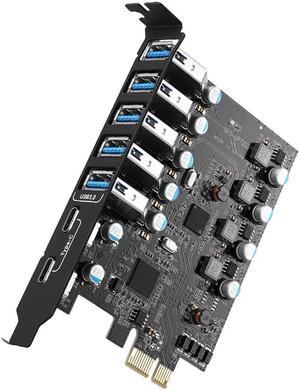 ESTONE PCI Express Expansion Card, USB 3.0 7 Port Front Expansion Card, Connect 7 Devices Expanded - (2X USB C - 5X USB A)
