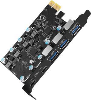 ESTONE PCI Express Expansion Card, USB 3.0 5 Port Front Expansion Card, Connect 7 Devices Expanded - (2X USB C - 3X USB A)
