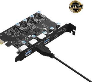 ESTONE PCIE USB 3.0 Card 5-Ports(2X USB C - 3X USB A), PCI Expree to USB Expansion Card Super Speed 5Gbps PCI-e USB3.0 Hub Controller Adapter for Windows 11/10/8/7/XP/Vista