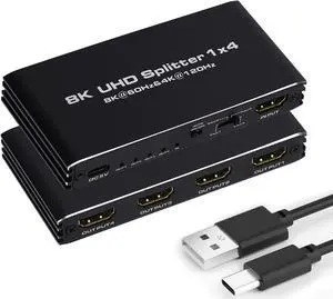 ESTONE HDMI Splitter 1 in 4 Out - 1x4 HDMI Display Duplicate/Mirror - Powered Splitter 4K 120Hz, 8K @ 60Hz (One Input To Four Outputs) - 1 Source to 4 Identical Displays