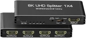 ESTONE 4K 120Hz HDMI Splitter 1x4, Duplicate/Mirror, 8K HDMI Splitter 1 in 4 Out [Metal Case, 4Port ] , Powered Splitter, 1 Source to 4 Identical Displays HDCP 2.3 for TV, Projector