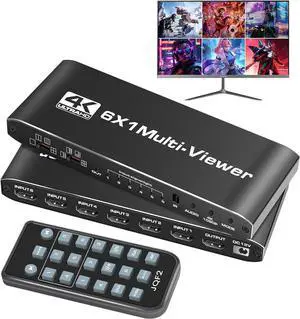 ESTONE 4K HDMI Multi-Viewer 6x1 Seamless HDMI Switch - 6 Ports, IR Remote, Supports up to 4Kx2K 1080P, Security Camera, HDMI Switch 6 in 1 Out with 8 Viewing Modes, 2x1, 3x1, 4x1, 5x1, and 6x1
