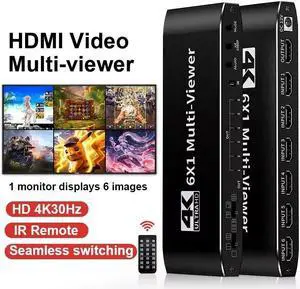 ESTONE HDMI Multiviewer 6x1 6 Port Multi-Picture Seamless Switch 6 Input 1 Output Split Screen TV, Support 4K@30HZ 1080P60HZ Applicable to Display Multiple Signal Sources on The Same Monitor