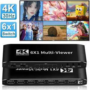 ESTONE HDMI Multiviewer Switch 6x1, Quad Seamless Switcher 6 in 1 Out with IR Remote Control, Support 4K Full HD and 8 Display Modes for Security Camera, Gaming Consoles