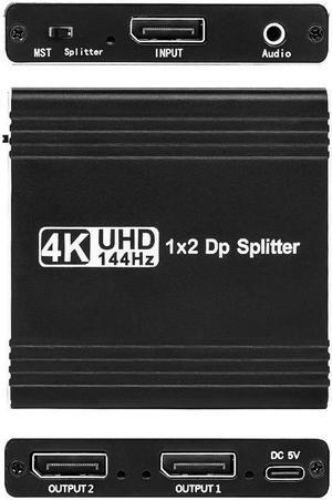 ESTONE DisplayPort to Dual Display Port Splitter, 4K@144Hz Display Port Adapter with Audio Extractor, 4K@120Hz 60Hz DP Splitter 1 in 2 Out Support Mirror/Extend Mode(MST)