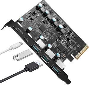 ESTONE PCIE USB 3.2 Card 5 Ports(2X USB C - 3X USB 3.2), PCI Expree to USB Expansion Card Super Speed 10Gbps PCI-e USB3.2 Hub Controller Adapter for Windows 11/10/8/7/XP/Vista