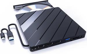 ESTONE 8-IN-1 External CD DVD Drive with USB 3.0/2.0/Type-C Ports and SD/TF Card Slot, Portable CD/DVD ROM +/-RW Disk Player Burner Reader Writer Adapter for Laptop PC Windows, Mac, Linux