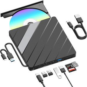 ESTONE External CD/DVD Drive for Laptop with Carrying Case,DVD Player for Laptop,Portable CD Burner with USB2.0 Ports, USB3.0 Ports, USB C Ports, SD/TF Card Slots,CD Disk Drive Player Reader Writer