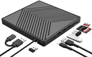 ESTONE External CD DVD Drive, Ultra Slim CD Burner USB 3.0 with 4 USB Ports and 2 TF/SD Card Slots, Optical Disk Drive Laptop Mac MacBook Pro/Air, Windows 11/10/8/7, Linux PC