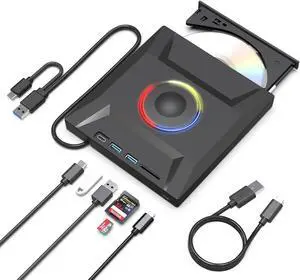 ESTONE 7 in 1 External CD/DVD Drive for Laptop, Ultra-Slim CD Burner with 4 USB Ports and 2 TF/SD Card Slots, External Disk Drive Optical Compatible with Desktop Mac Windows ESTONE 7 in 1 External CD/DVD Drive for Laptop, Ultra-Slim CD Burner with 4 USB Ports and 2 TF/SD Card Slots, External Disk Drive Optical Compatible with Desktop Mac Windows