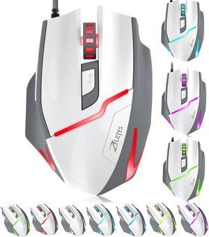 Zelotes T10 Ergonomic Optical Wired Gaming Mouse with 7 Buttons and 7 Colors Breathing Light for Gamer PC Macbook Laptop (White)