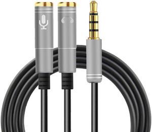 ESTONE (2-PACK)3.5mm Jack Y Splitter Male to 2 Female Ports with Mic Headphone Extension Audio Cable AUX Cord for Speaker Phone-Gray